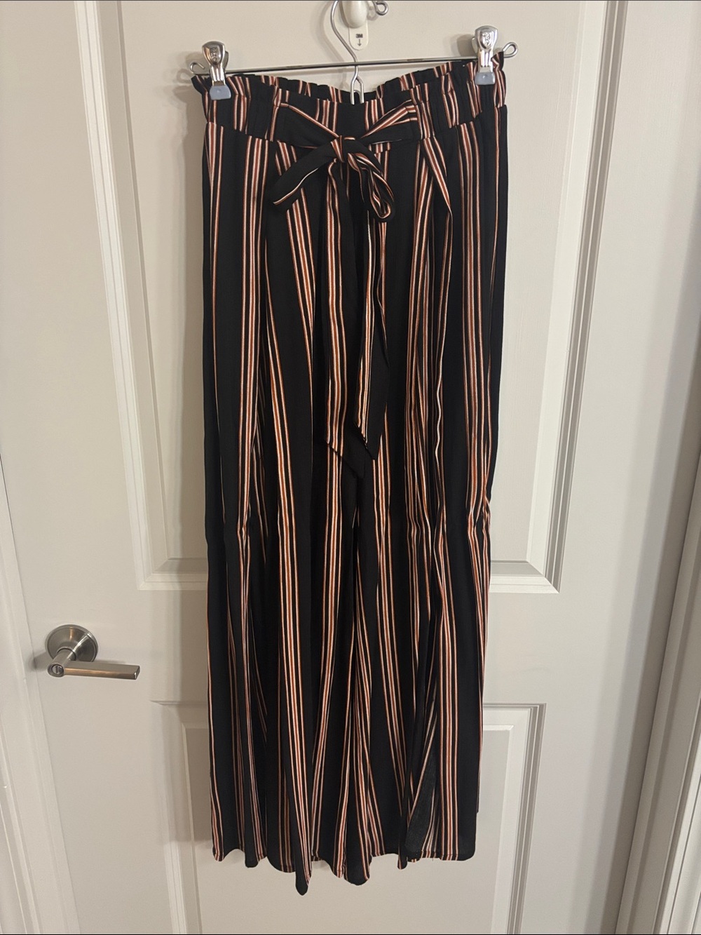 Simplee Tie Waist Wide-Leg Pants - Black with Red and Tan Stripes